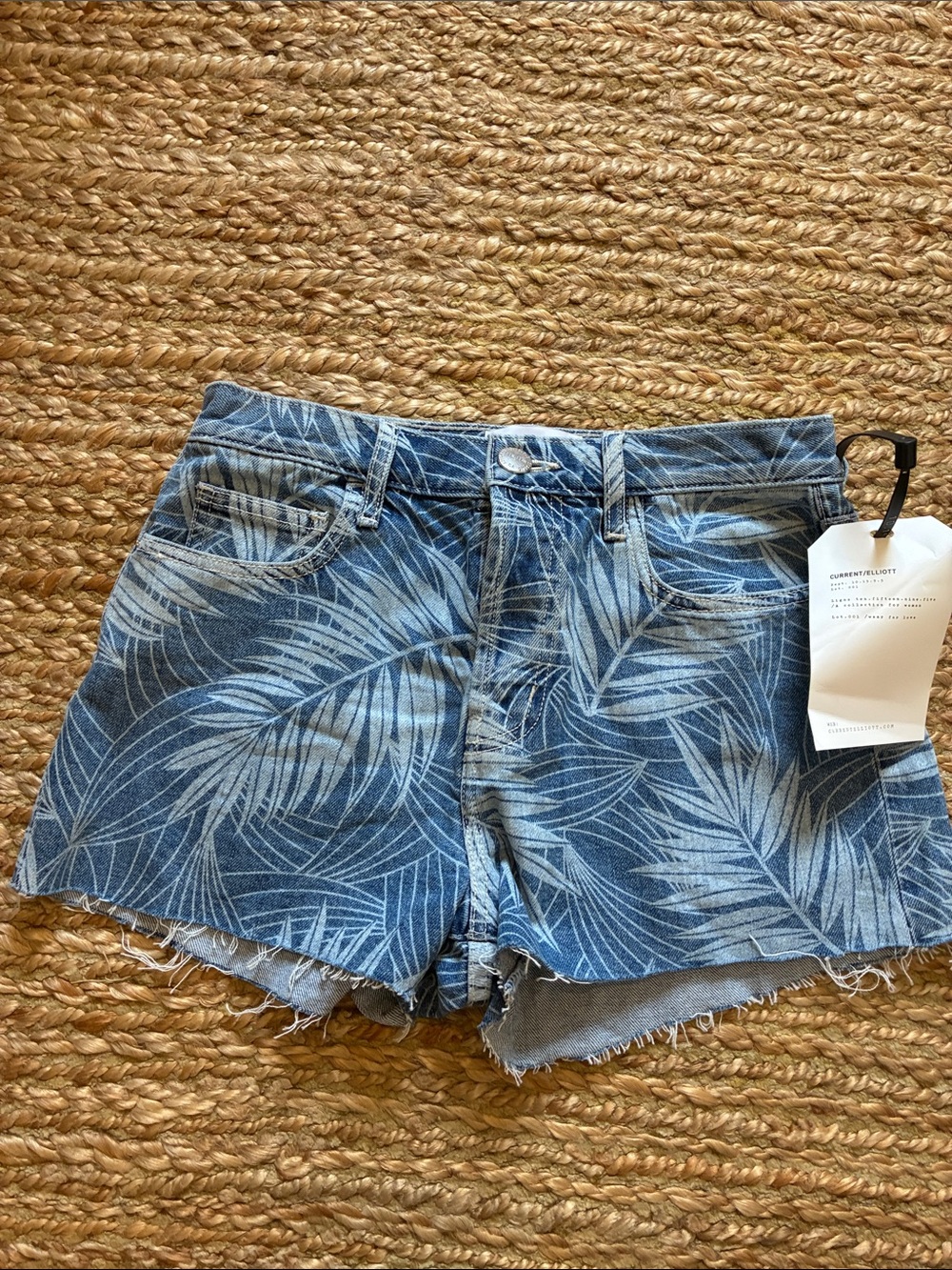 Current/Elliott Blue Palm-Leaf Print Denim Cutoff Shorts